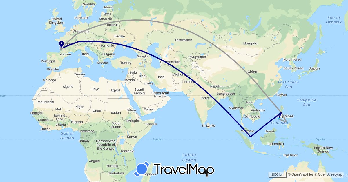 TravelMap itinerary: driving, plane, boat, motorbike in Switzerland, China, Germany, France, Philippines, Singapore (Asia, Europe)